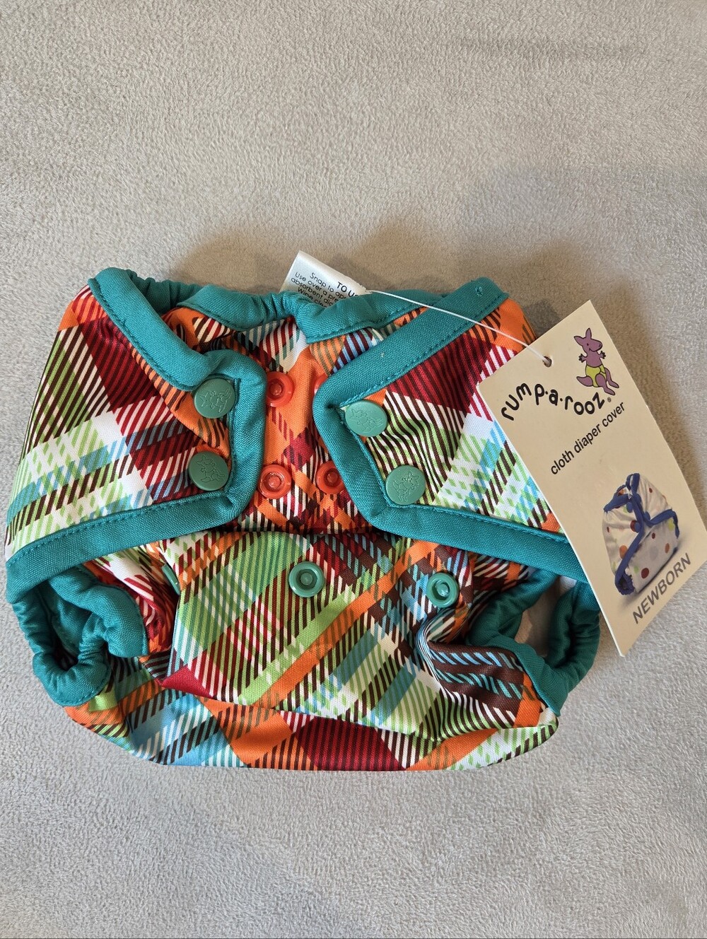 NWT Rumparooz Teal Trim Multicolor Plaid Cloth Diaper Cover - Newborn